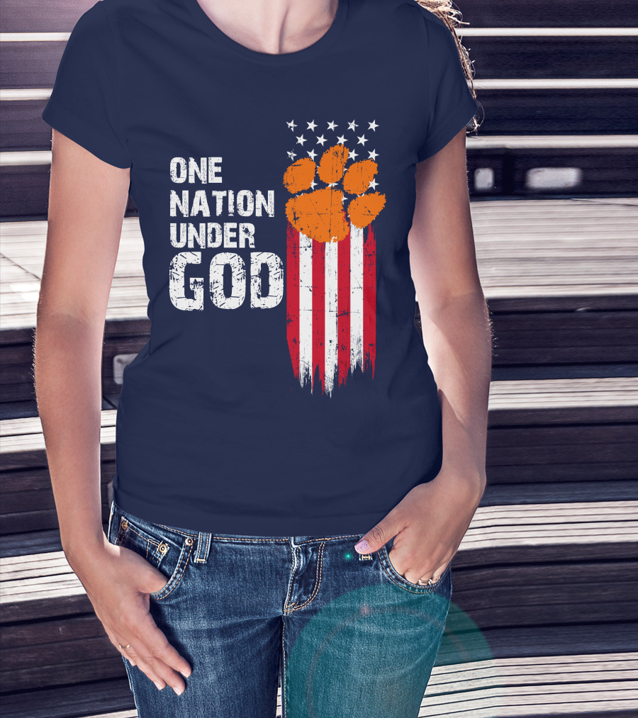 One Nation Under God Clemson Tigers American Flag Paw Print T-Shirt
