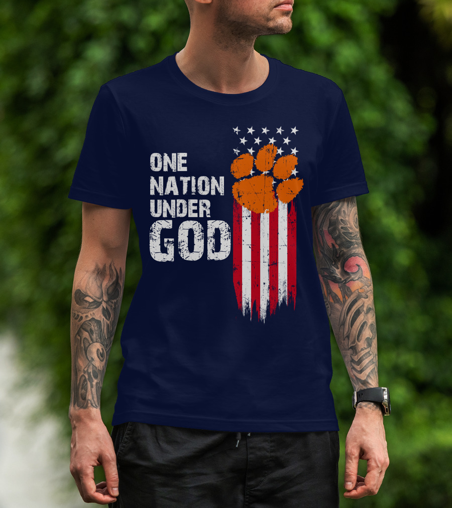 One Nation Under God Clemson Tigers American Flag Paw Print T-Shirt