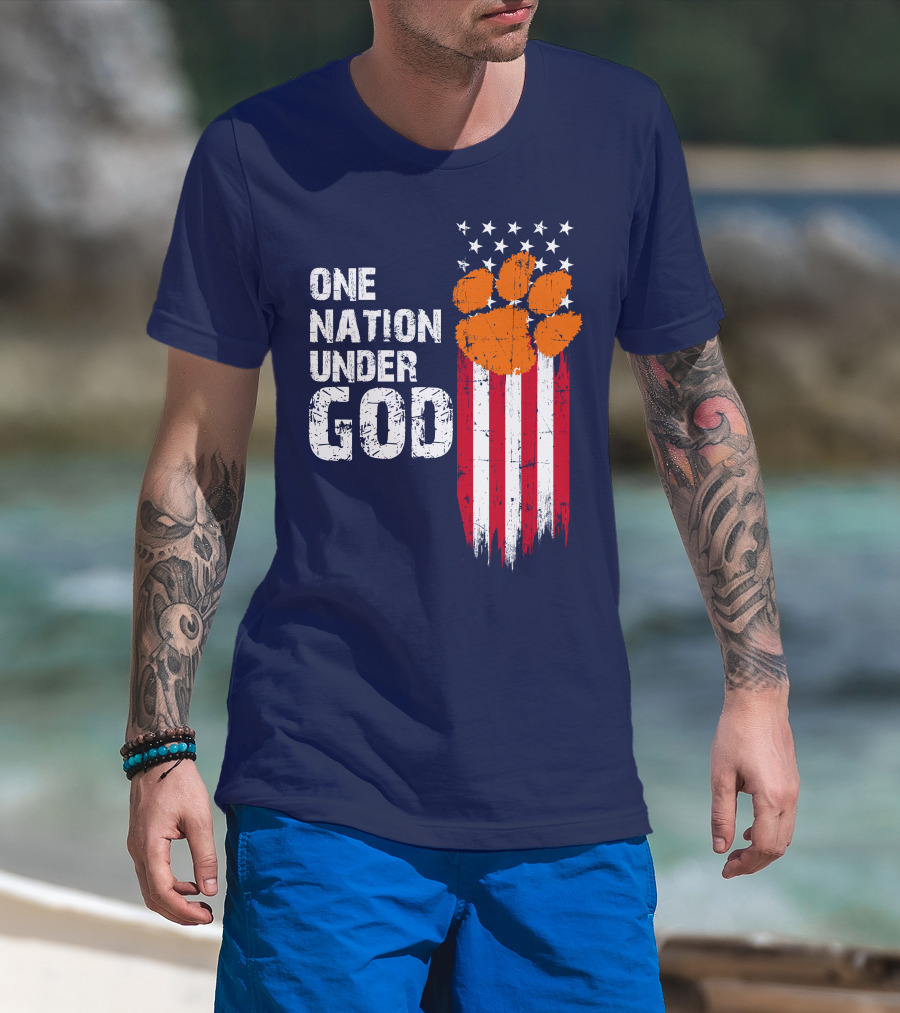 One Nation Under God Clemson Tigers American Flag Paw Print T-Shirt