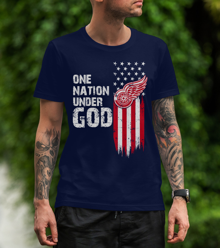 One Nation Under God Detroit Redwings American Flag Stars And Stripes T-Shirt