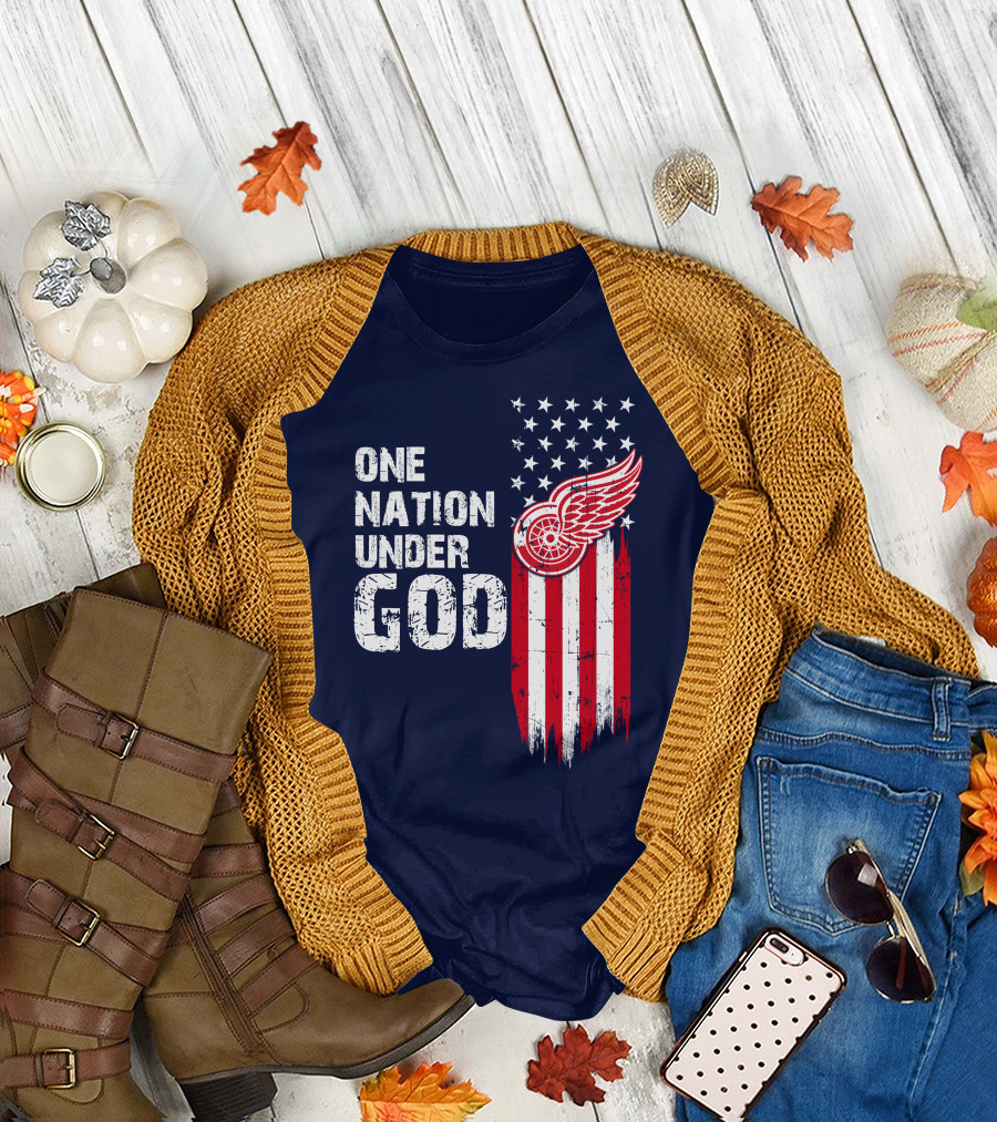 One Nation Under God Detroit Redwings American Flag Stars And Stripes T-Shirt