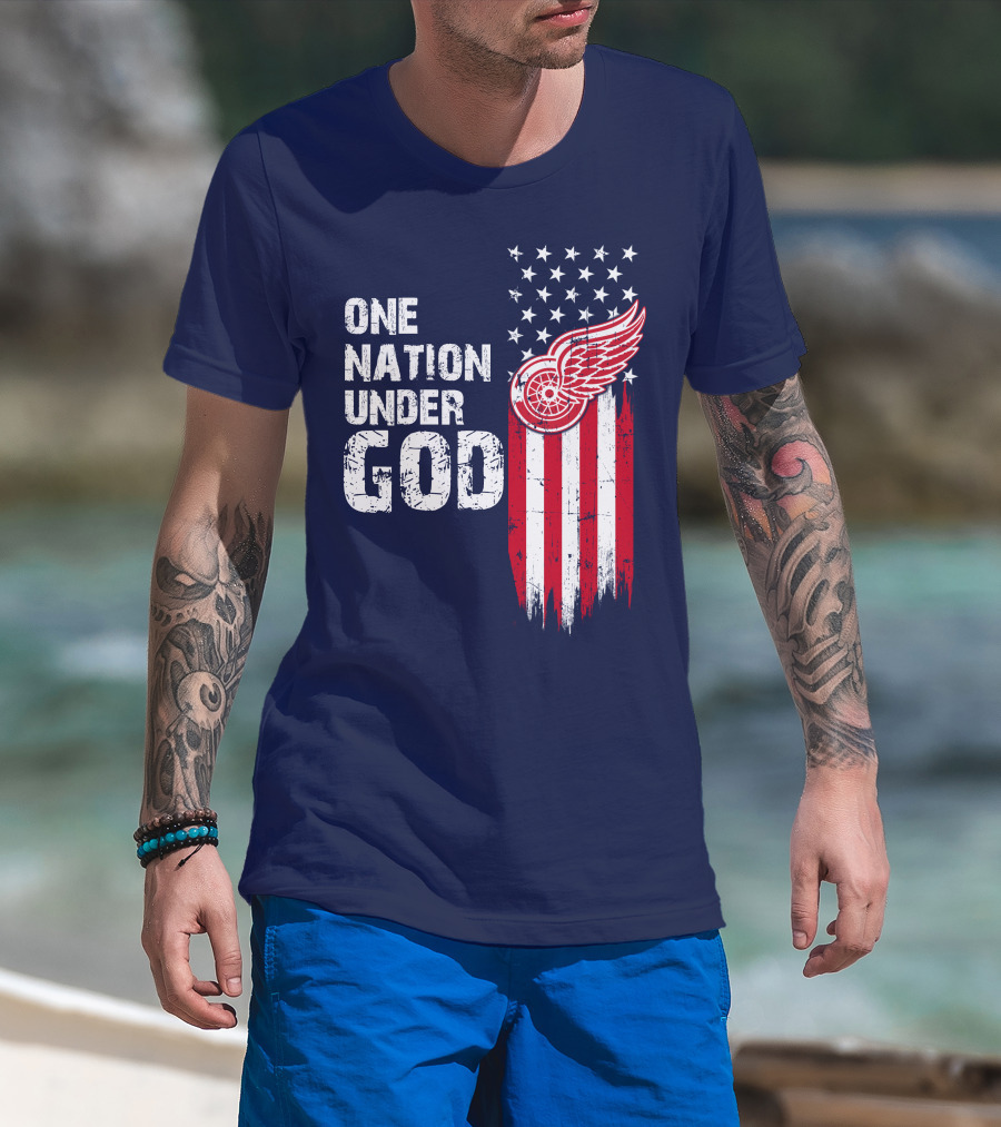 One Nation Under God Detroit Redwings American Flag Stars And Stripes T-Shirt
