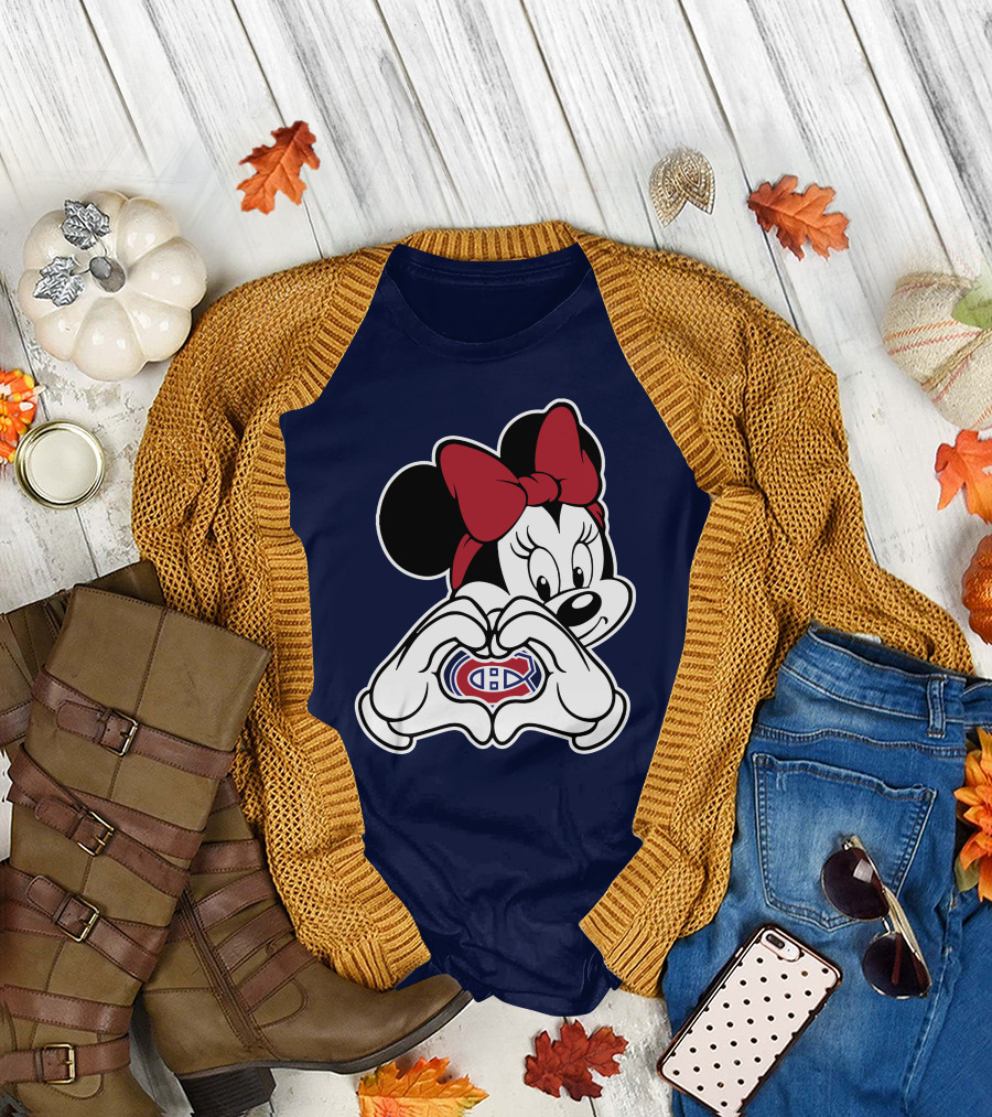 Minnie Mouse Heart Hands Montreal Canadiens Logo Red Bow T-Shirt