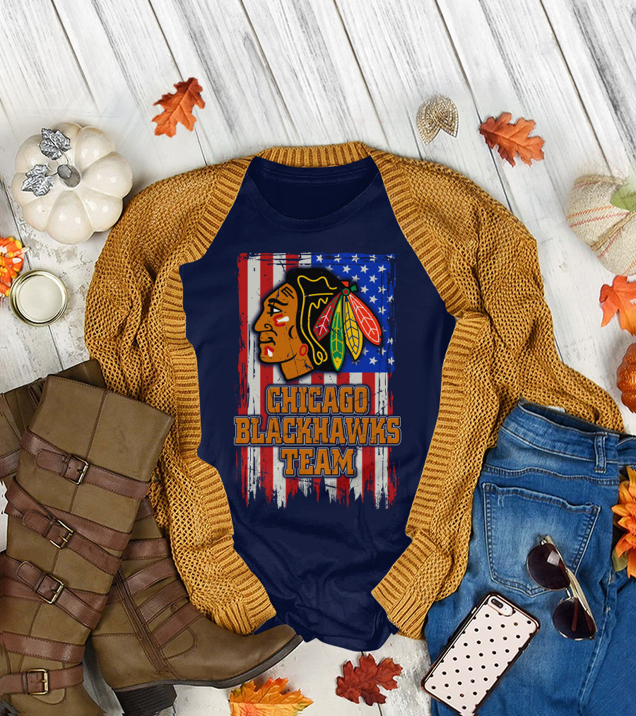 Chicago Blackhawks Team American Flag T-Shirt