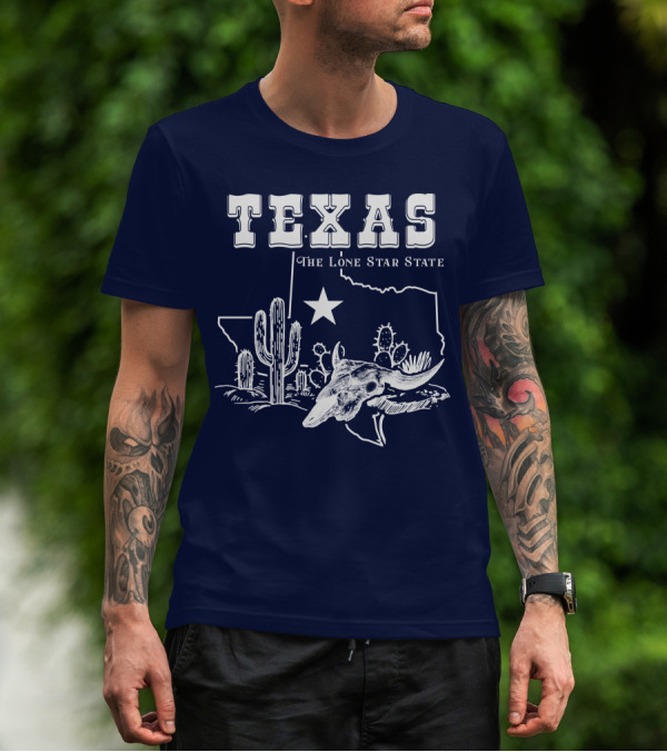 Texas The Lone Star State Map Outline With Cactus And Bull Skull T-Shirt