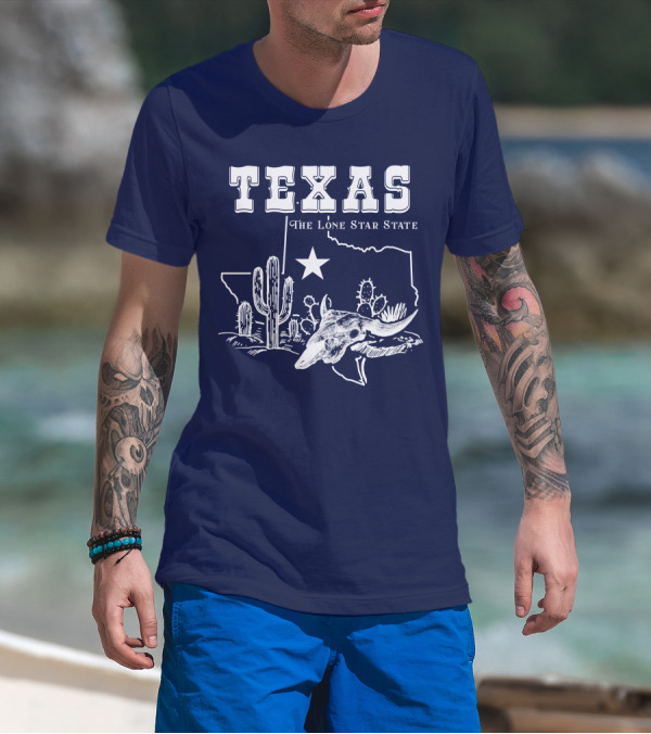 Texas The Lone Star State Map Outline With Cactus And Bull Skull T-Shirt