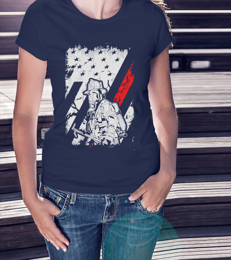 The Firefighters American Flag Tribute Heroic Firefighter With Axe And Stars And Stripes T-Shirt