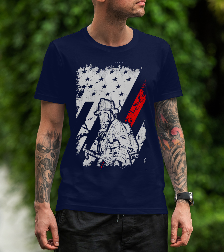 The Firefighters American Flag Tribute Heroic Firefighter With Axe And Stars And Stripes T-Shirt