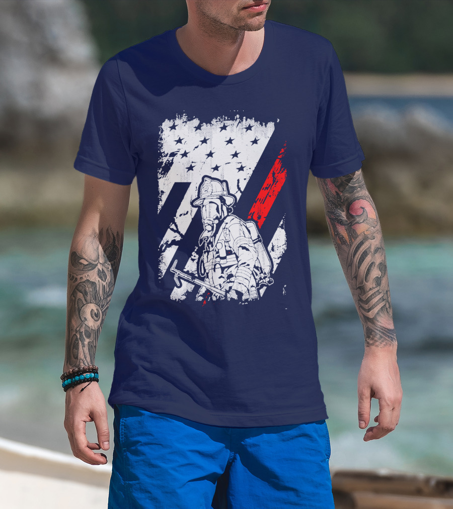 The Firefighters American Flag Tribute Heroic Firefighter With Axe And Stars And Stripes T-Shirt