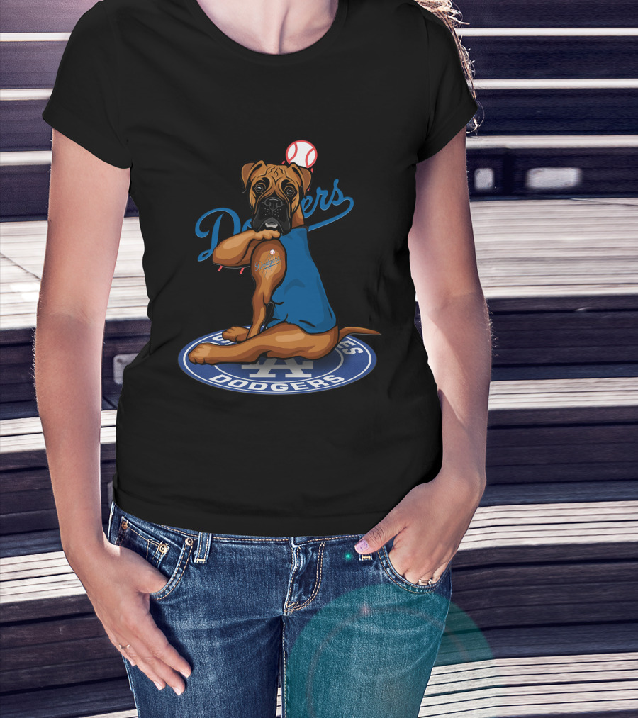 Los Angeles Dodgers Boxer Dog With Baseball And Logo Elements T-Shirt
