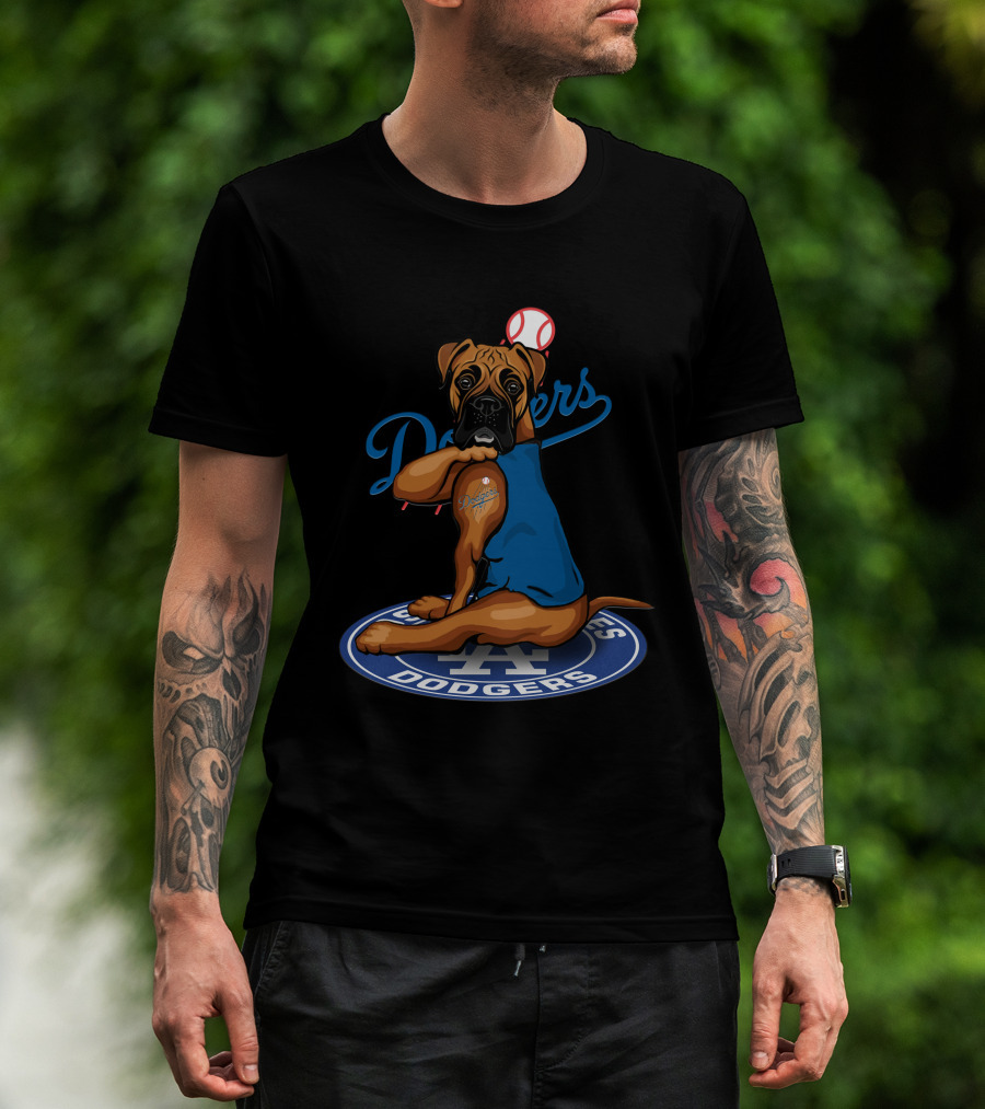 Los Angeles Dodgers Boxer Dog With Baseball And Logo Elements T-Shirt