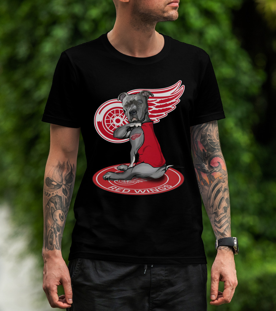 Detroit Red Wings Dog With Logo Wings And Red Vest T-Shirt