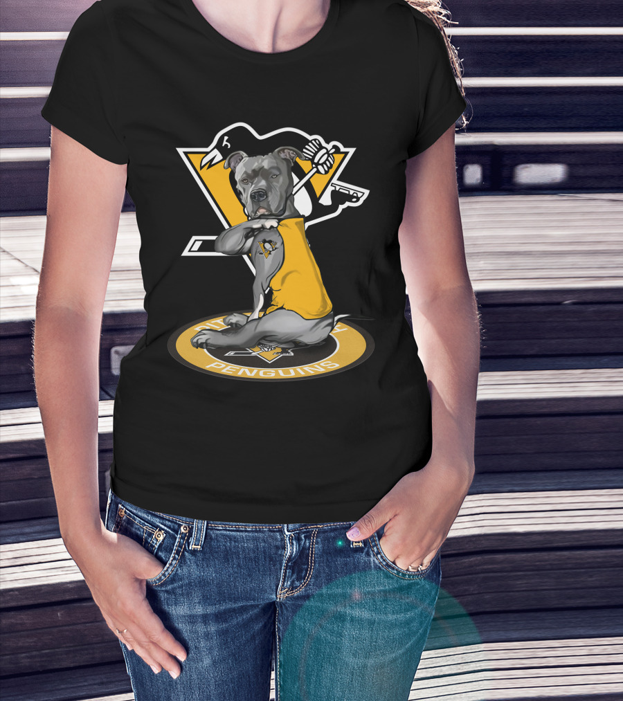 Pittsburgh Penguins Dog In Yellow Jersey With Hockey Stick T-Shirt