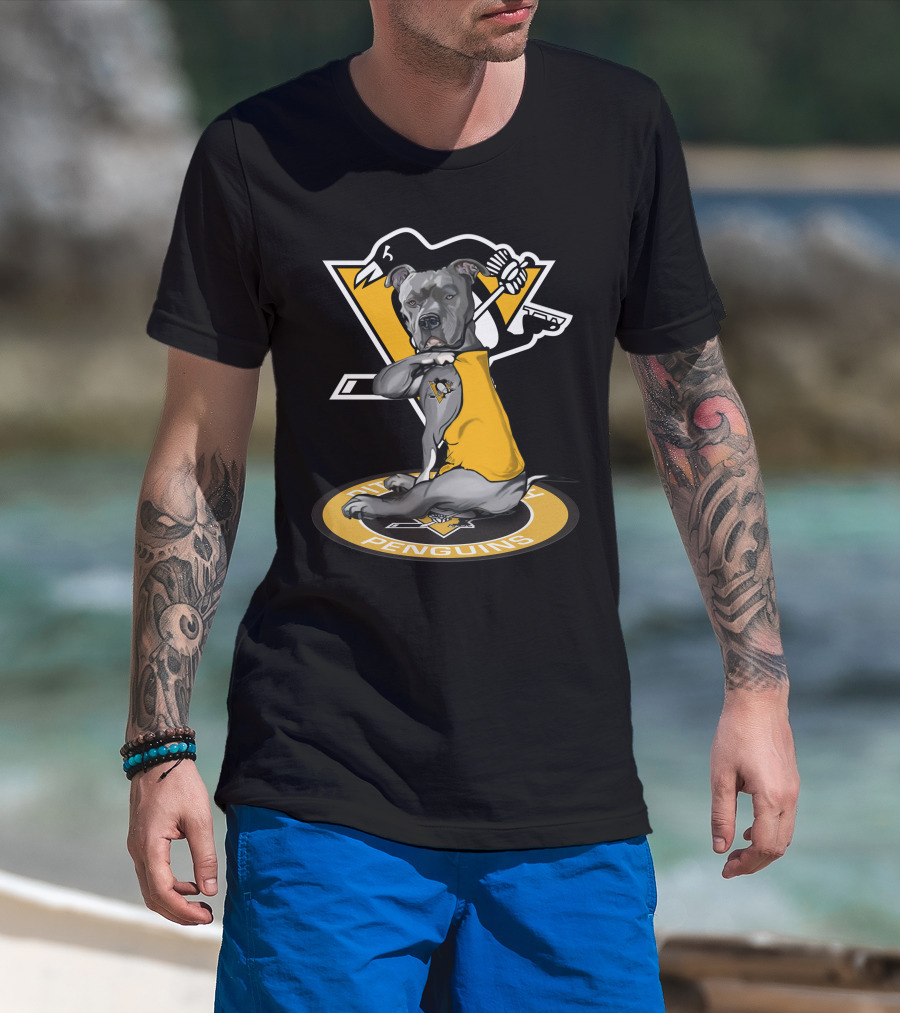 Pittsburgh Penguins Dog In Yellow Jersey With Hockey Stick T-Shirt