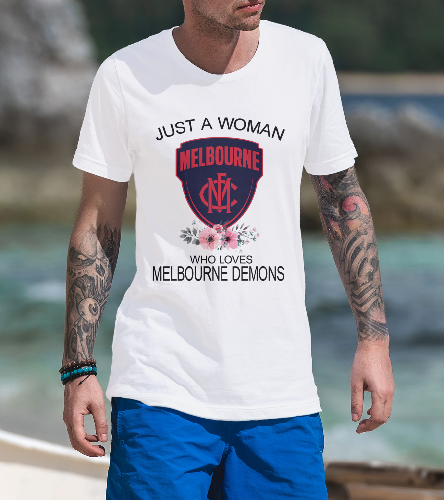 Just A Woman Who Loves Melbourne Demons Melbourne Cfc Logo Flower Decor T-Shirt
