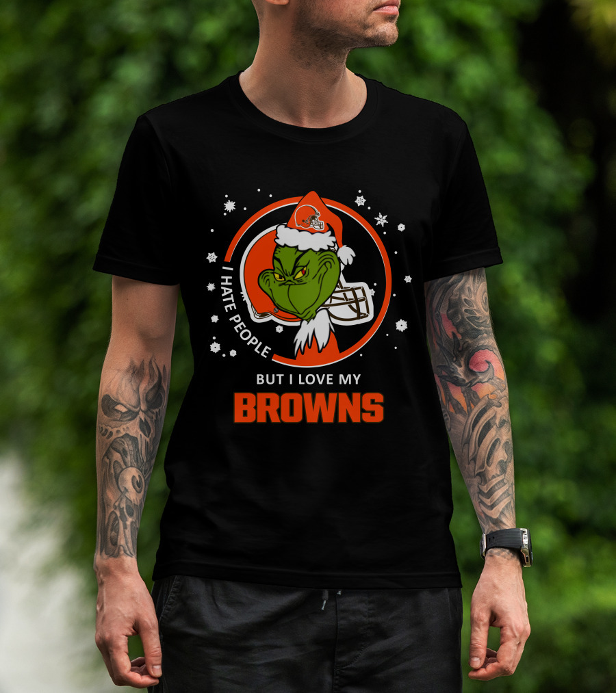 I Hate People But I Love My Browns Cleveland Browns Grinch Santa Hat Snowflakes T-Shirt
