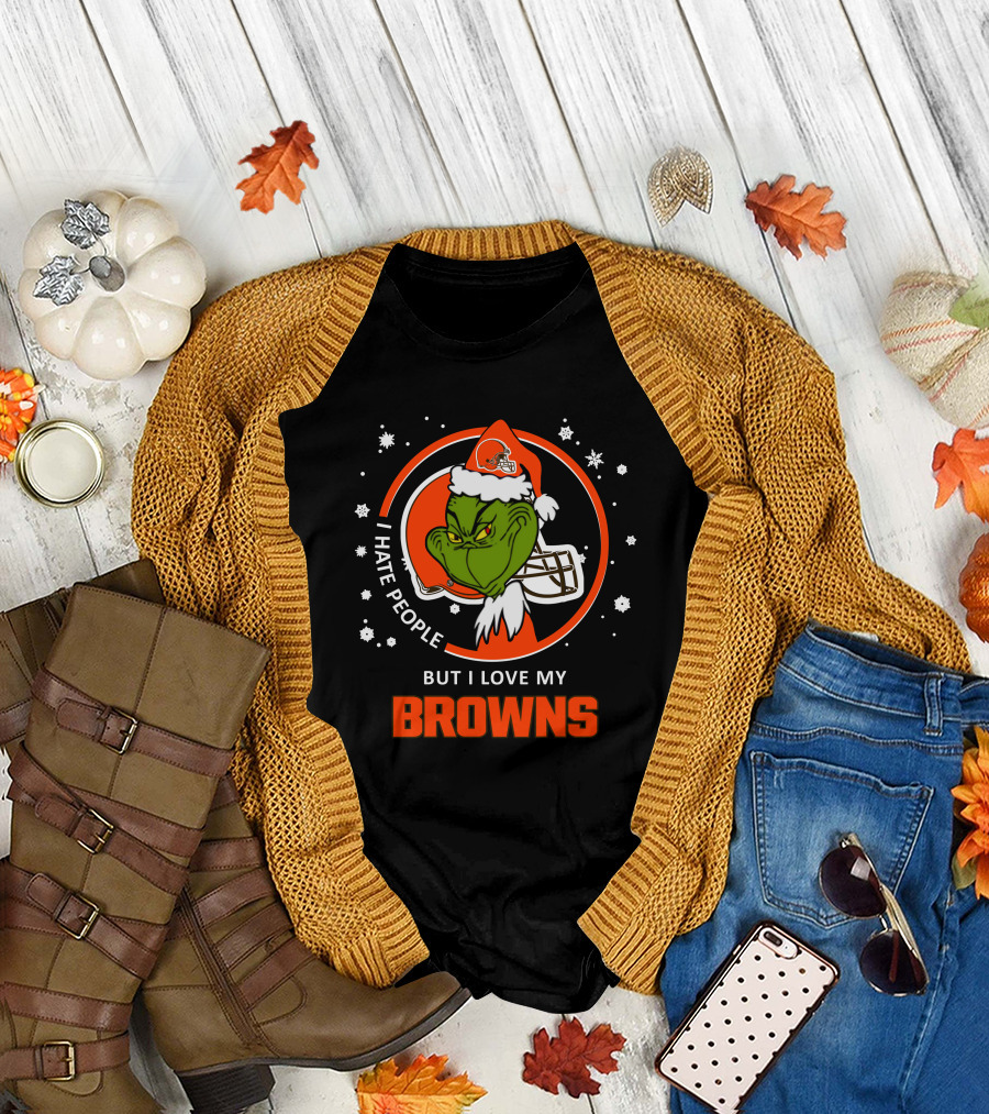 I Hate People But I Love My Browns Cleveland Browns Grinch Santa Hat Snowflakes T-Shirt