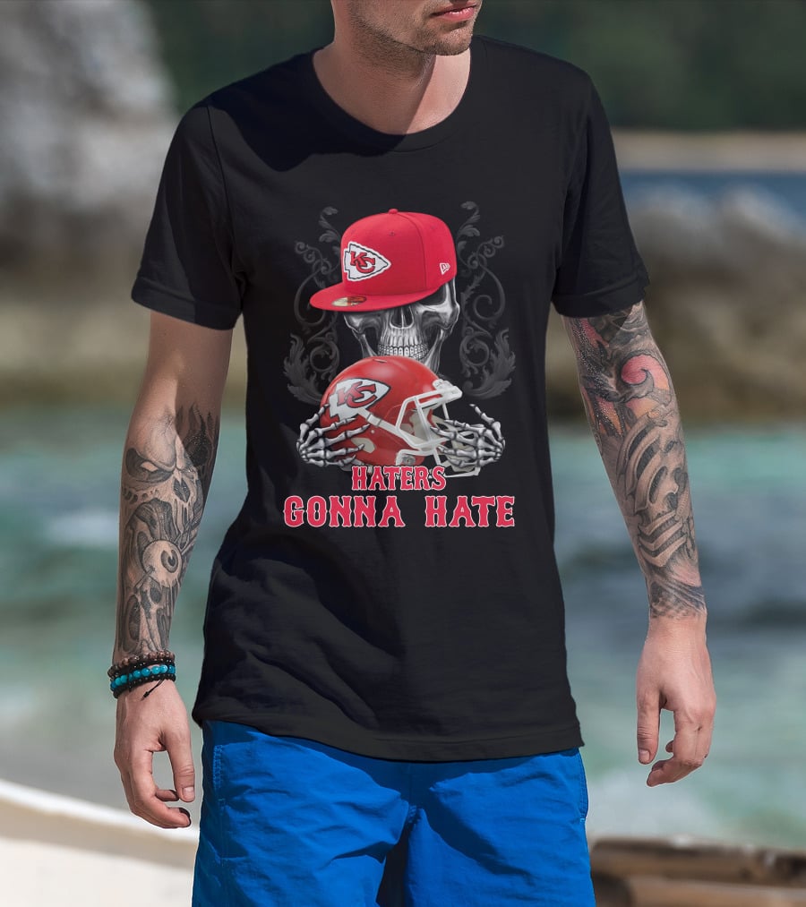 Kansas City Chiefs Haters Gonna Hate Skull With Cap And Helmet T-Shirt