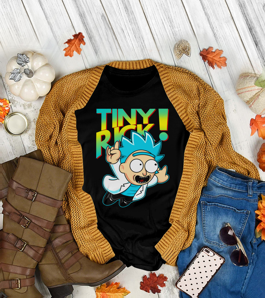 Tiny Rick Flying Character with Blue Hair and White Lab Coat T-Shirt