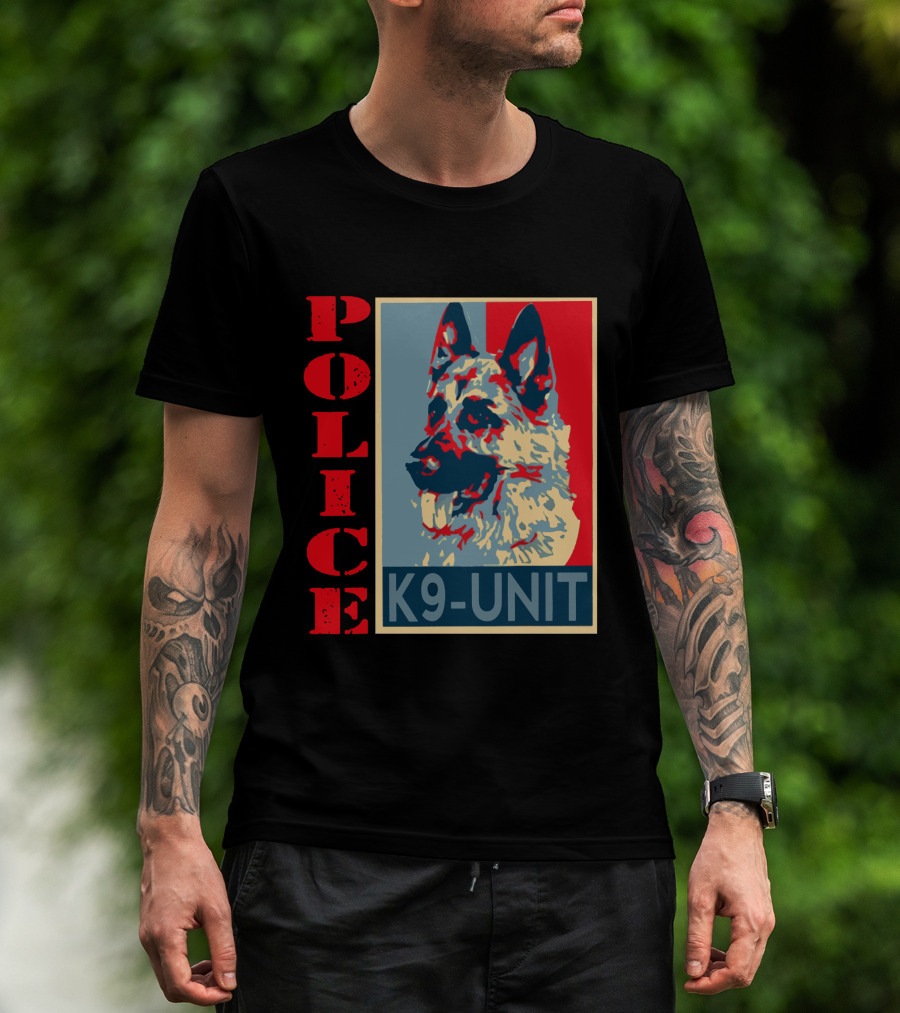 POLICE K9 UNIT Shepherd Portrait In Red Blue And Beige T-Shirt