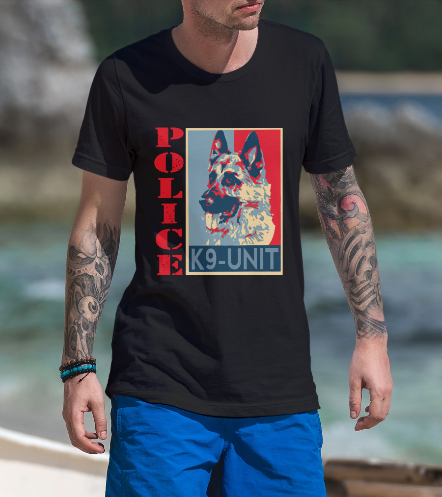 POLICE K9 UNIT Shepherd Portrait In Red Blue And Beige T-Shirt
