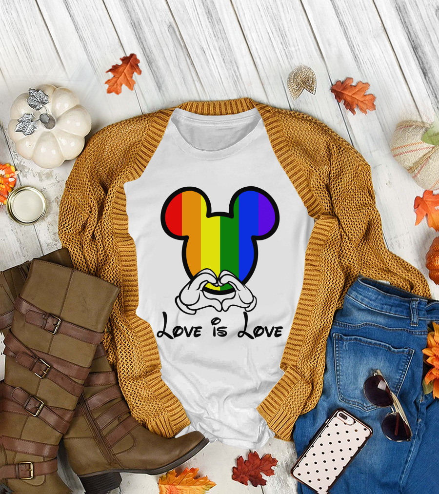 Mickey Rainbow Love Is Love Hands Heart T-Shirt