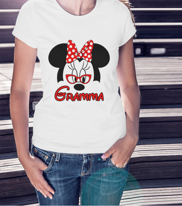 Minnie Mouse Gramma Red Glasses And Polka Dot Bow T-Shirt