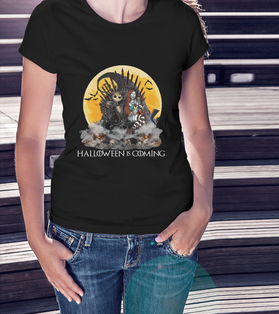 Halloween Is Coming With Skeleton King And Gothic Queen Throne Moon Bats Skulls T-Shirt