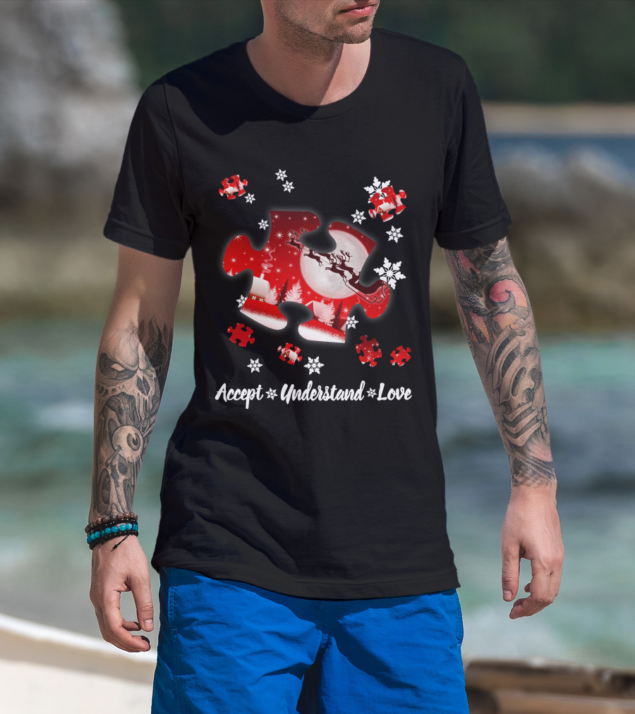 Accept Understand Love Autism Puzzle Christmas Snowflakes Santa Sleigh T-Shirt