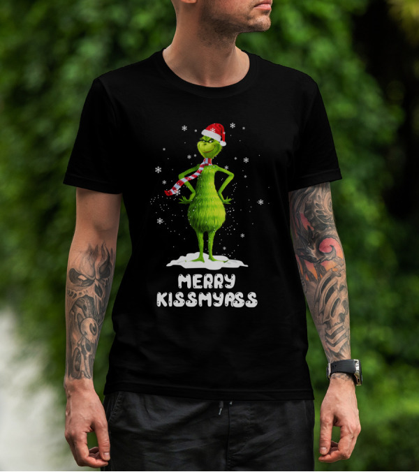 Merry KissMyAss Grinch Santa Hat Scarf Snowflakes T-Shirt