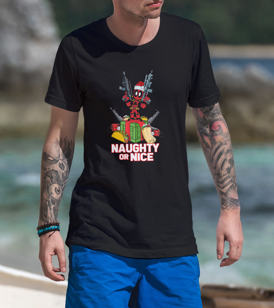Naughty Or Nice Deadpool Christmas Guns Tacos Burritos T-Shirt