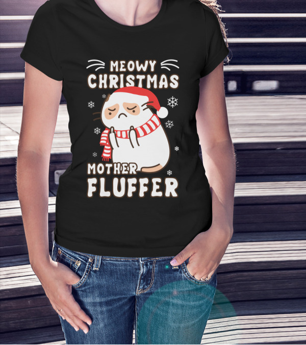 Meowy Christmas Mother Fluffer Santa Cat Snowflakes T-Shirt