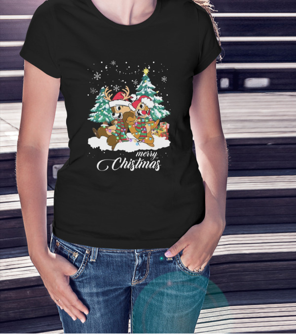 Merry Christmas Chip And Dale Holiday Cheer Reindeer Antlers Santa Hats Winter Wonderland T-Shirt