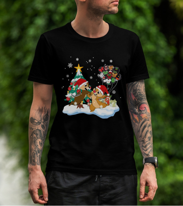 Chip And Dale Christmas Tree Santa Hats Snowflakes Balloons T-Shirt