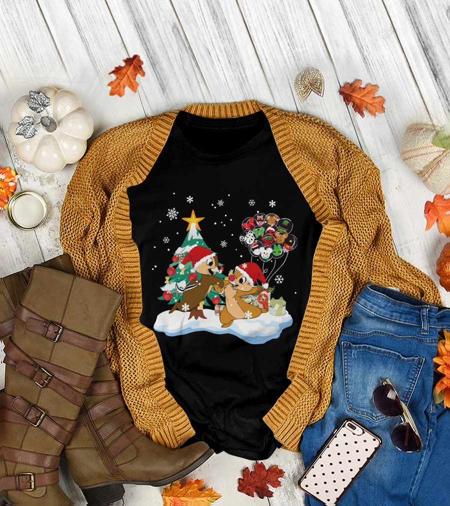 Chip And Dale Christmas Tree Santa Hats Snowflakes Balloons T-Shirt