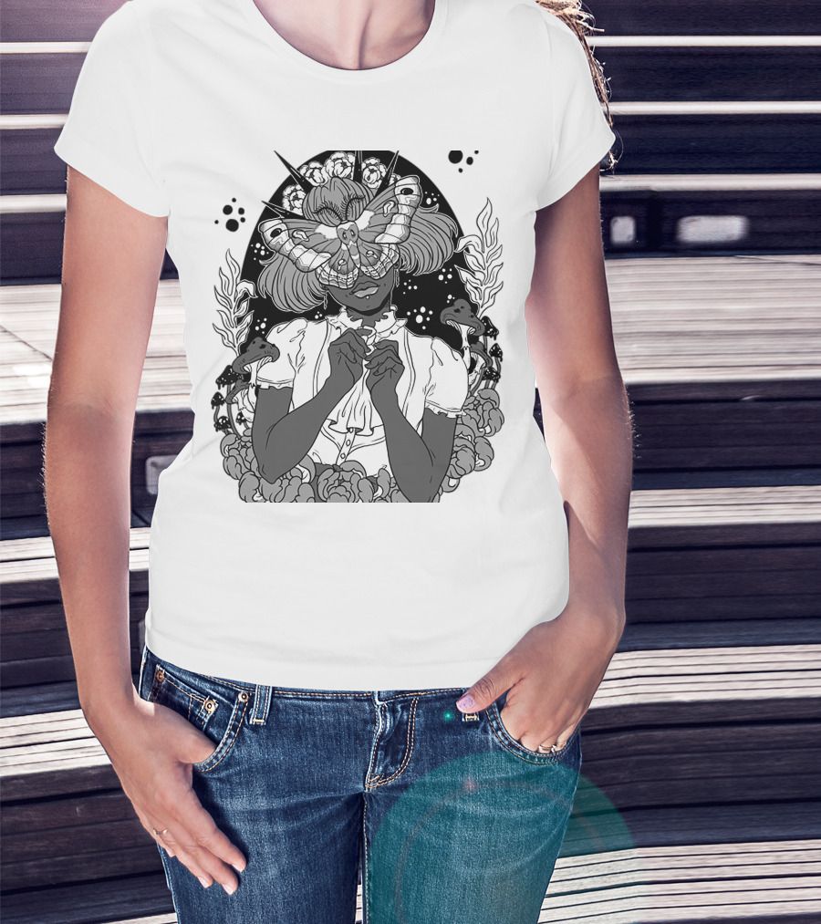 Moth The Seer Mystical Vision With Mushrooms And Floral Elements T-Shirt