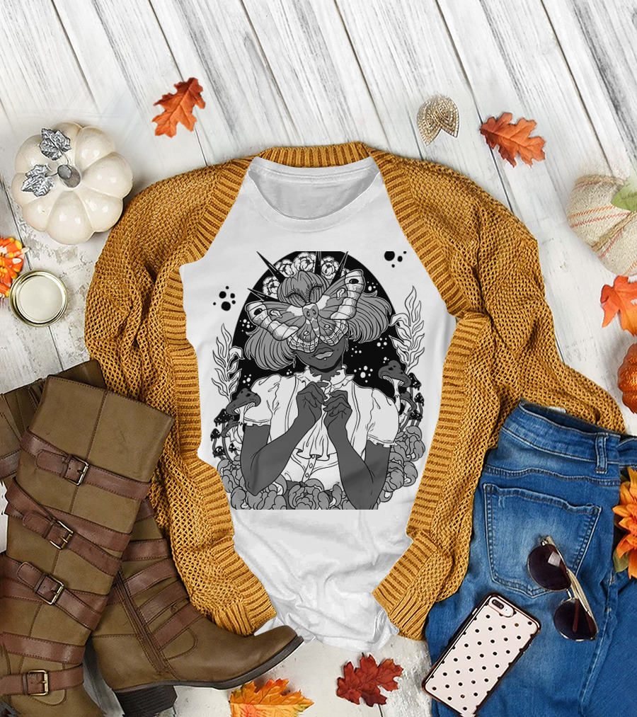 Moth The Seer Mystical Vision with Mushrooms and Floral Elements T-Shirt