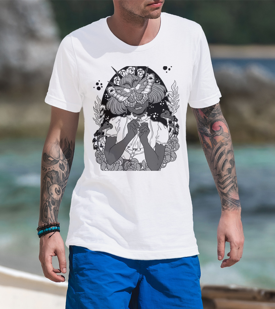 Moth The Seer Mystical Vision With Mushrooms And Floral Elements T-Shirt