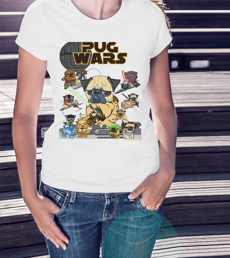 Pug Wars Star Parody With Iconic Characters And Spaceships T-Shirt