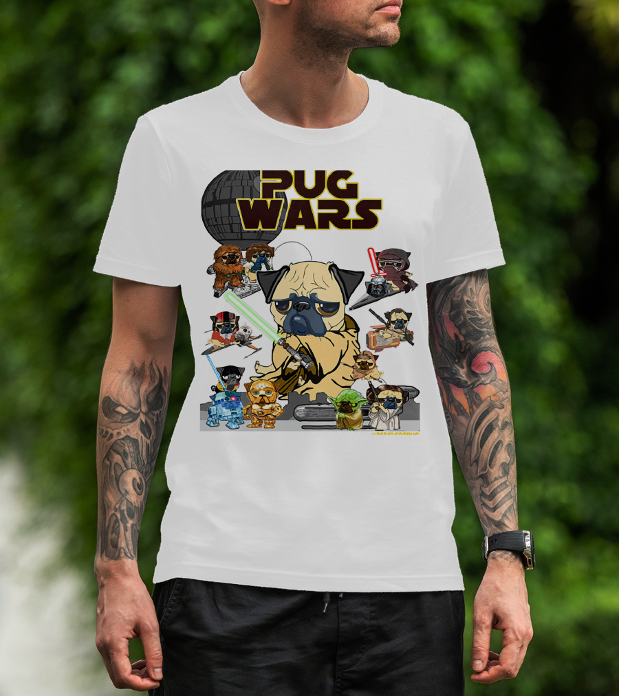 Pug Wars Star Parody With Iconic Characters And Spaceships T-Shirt