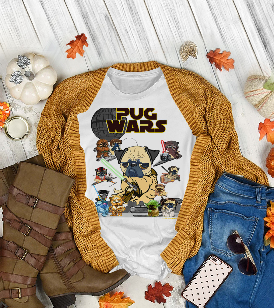 Pug Wars Star Parody with Iconic Characters and Spaceships T-Shirt