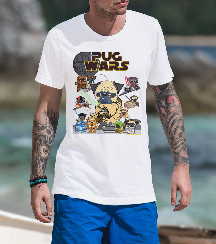 Pug Wars Star Parody With Iconic Characters And Spaceships T-Shirt
