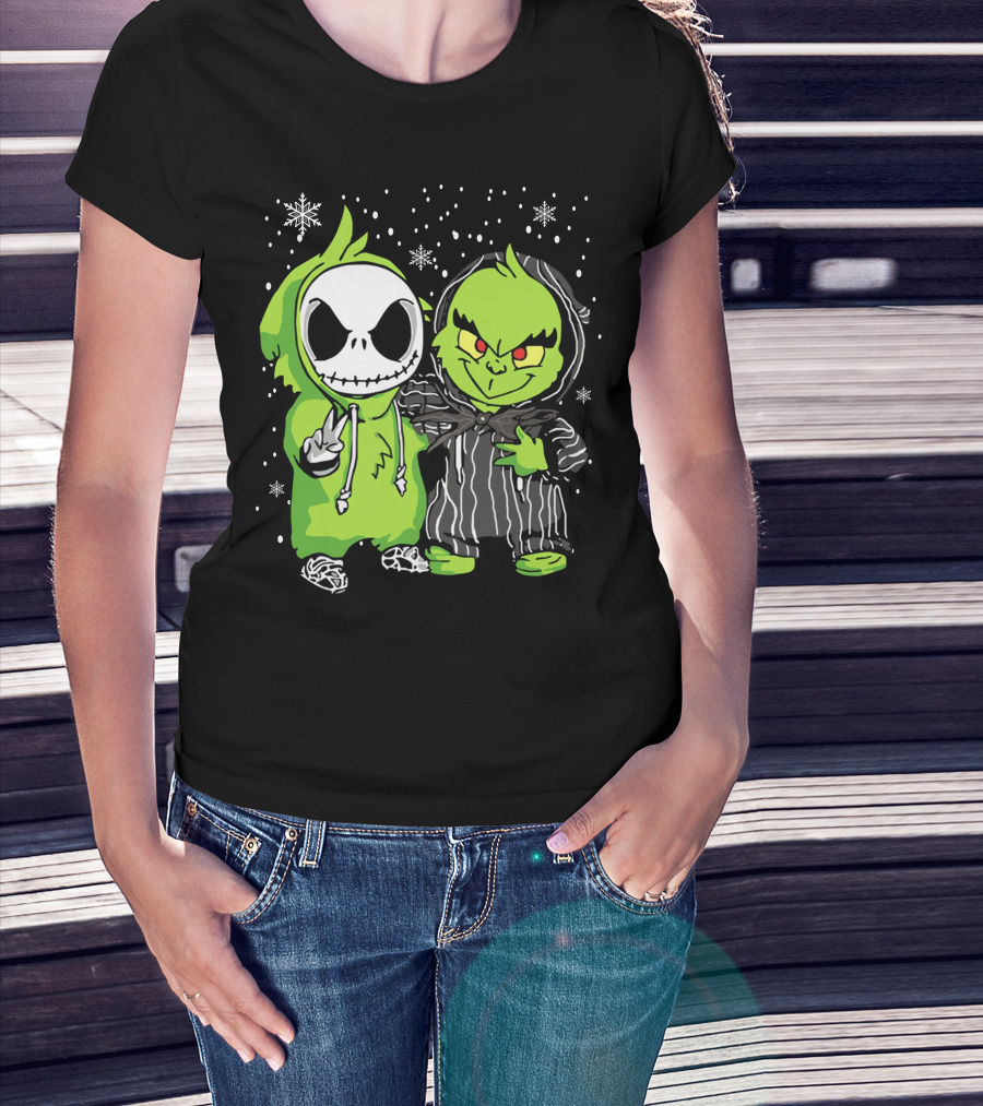 Grinch And Jack Skeleton Snowflake Hoodie Duo T-Shirt