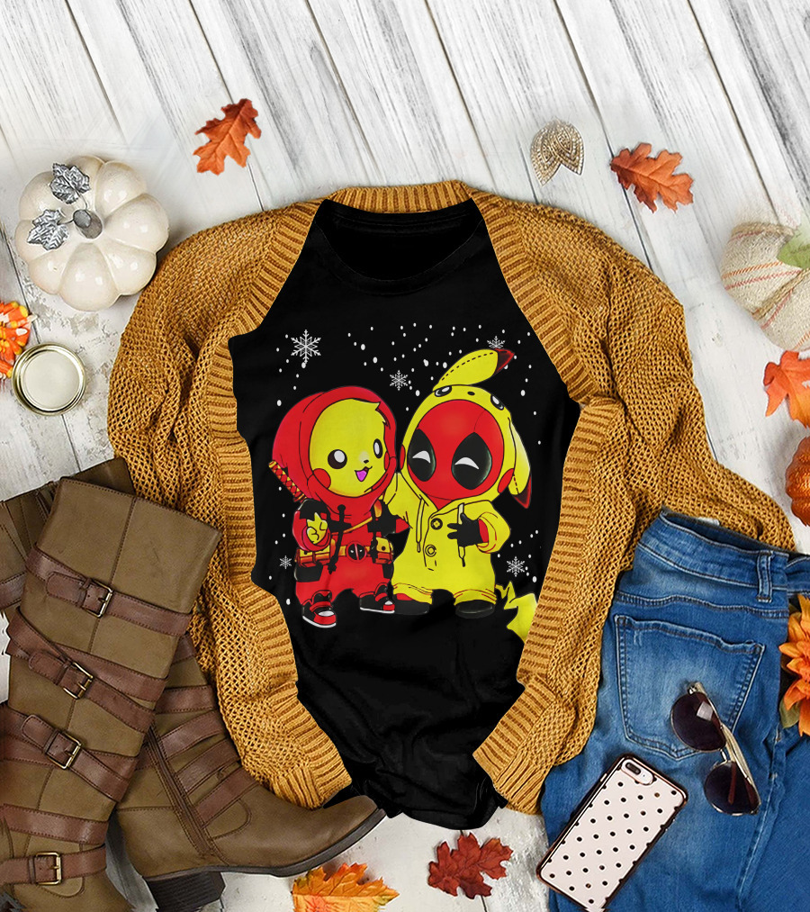 Pikachu Deadpool Crossover with Snowflakes and Kawaii Style Elements T-Shirt