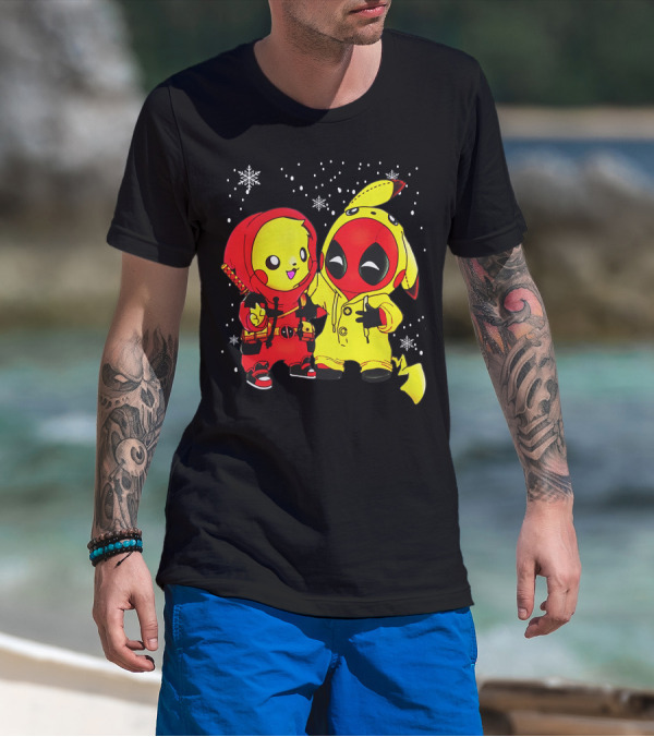 Pikachu Deadpool Crossover With Snowflakes And Kawaii Style Elements T-Shirt