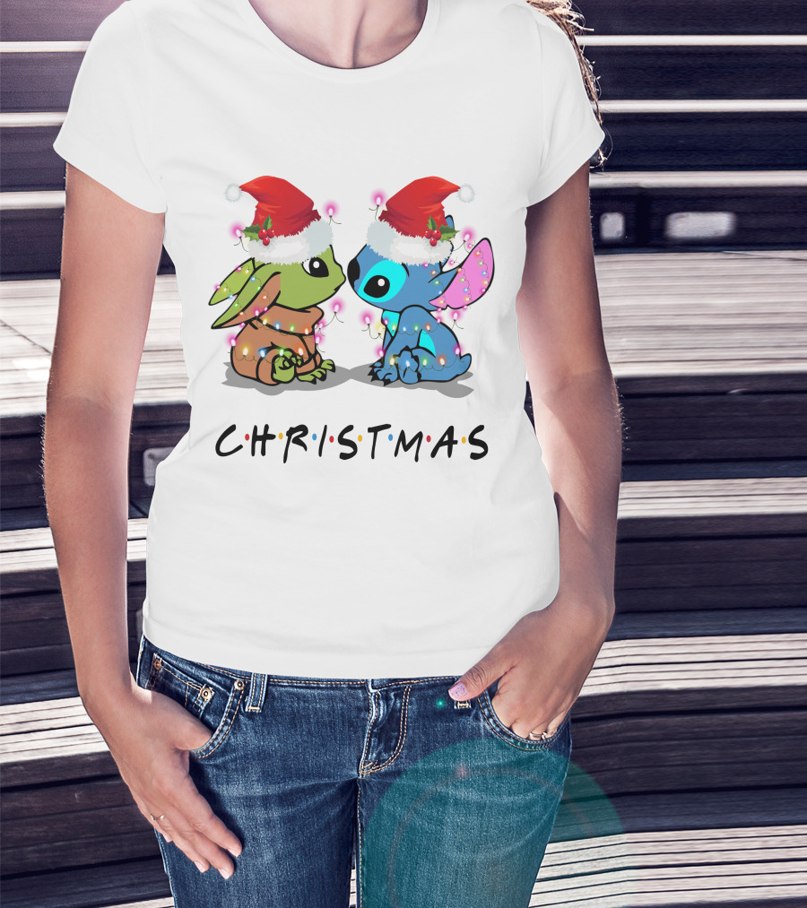 Yoda And Stitch Christmas Santa Hats Holiday Lights T-Shirt