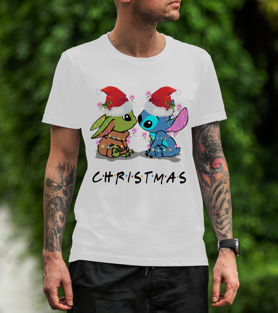 Yoda And Stitch Christmas Santa Hats Holiday Lights T-Shirt