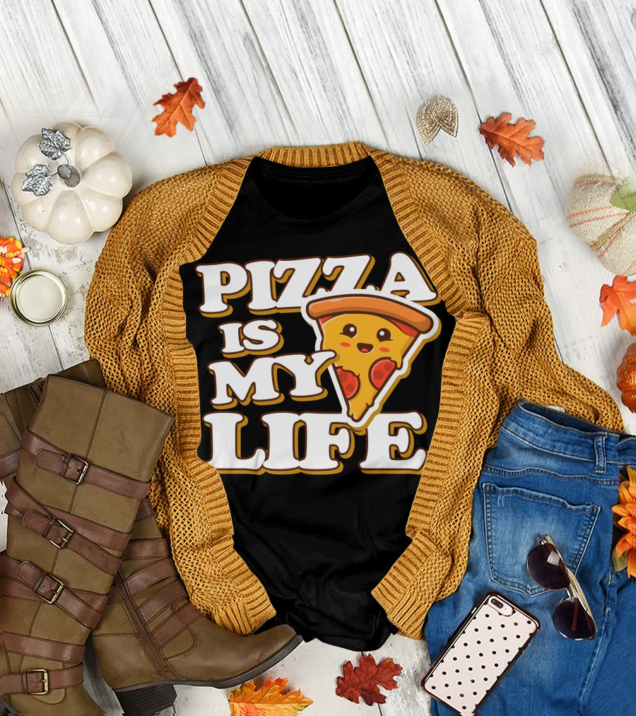 PIZZA IS MY LIFE Pizza Slice Happy Expression T-Shirt