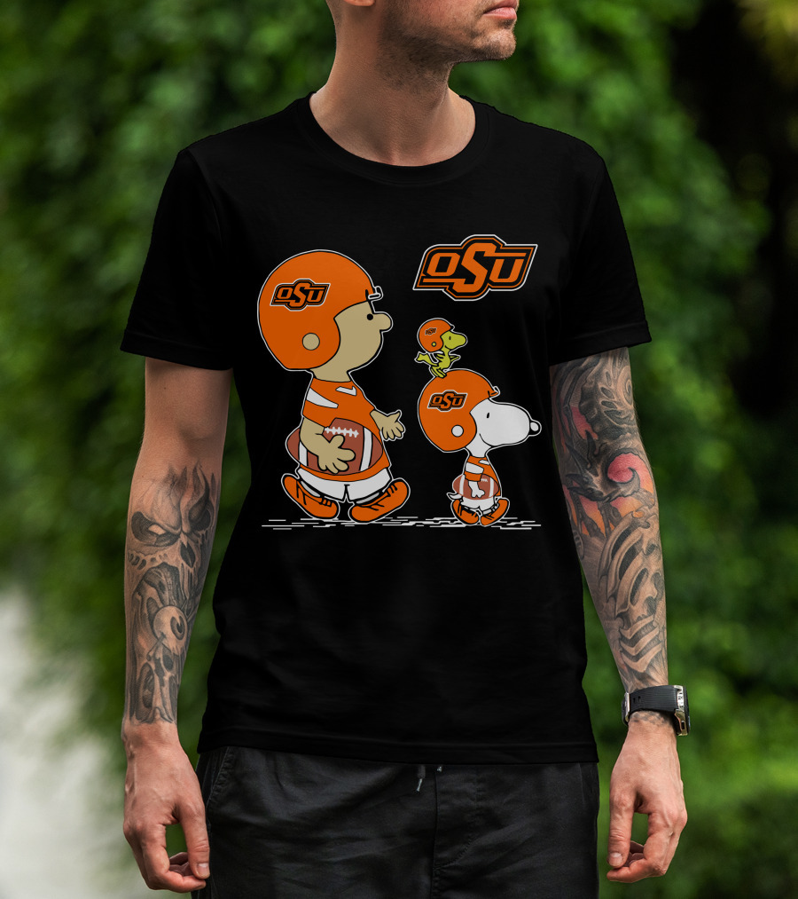 Osu Oklahoma State Cowboys Peanuts Football Collaboration With Snoopy And Woodstock T-Shirt