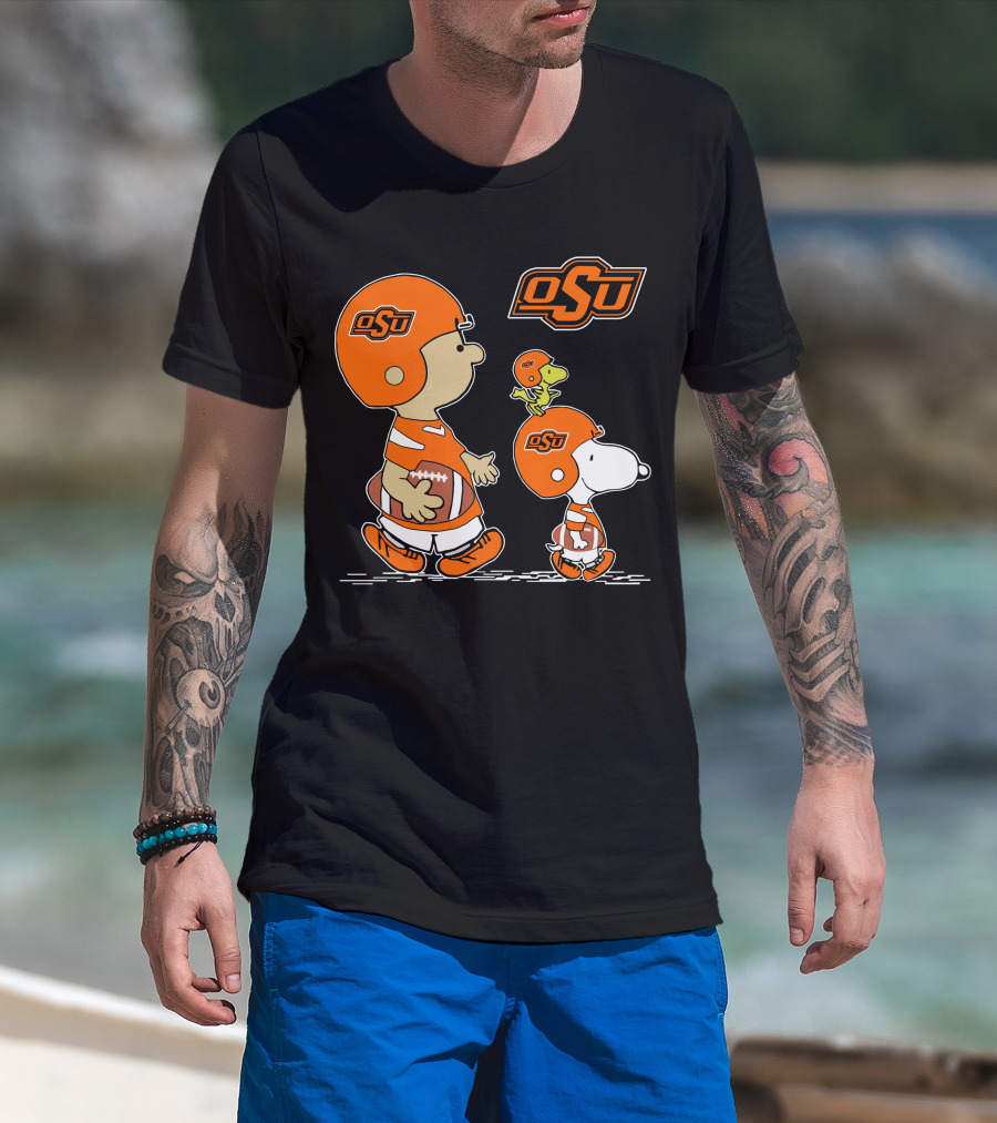 Osu Oklahoma State Cowboys Peanuts Football Collaboration With Snoopy And Woodstock T-Shirt
